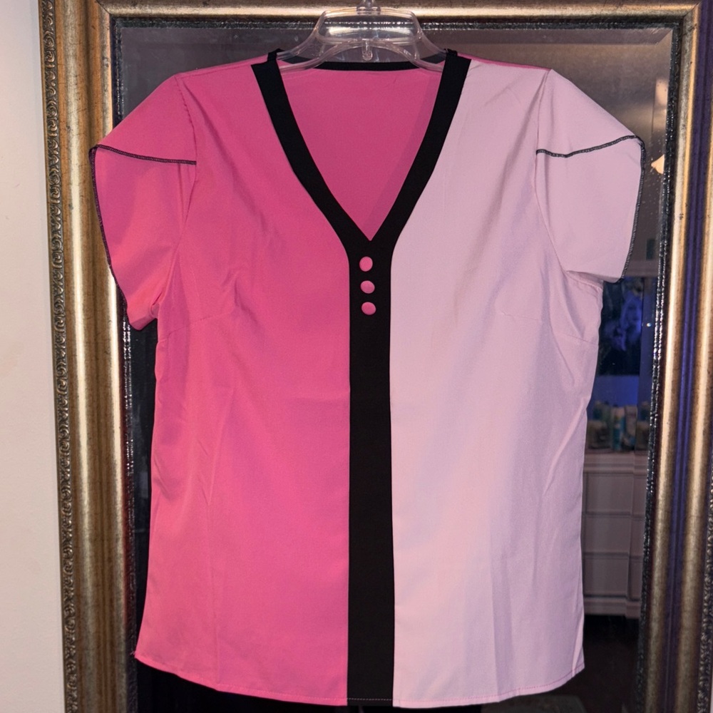 Cute Pink and Black V-Neck Blouse